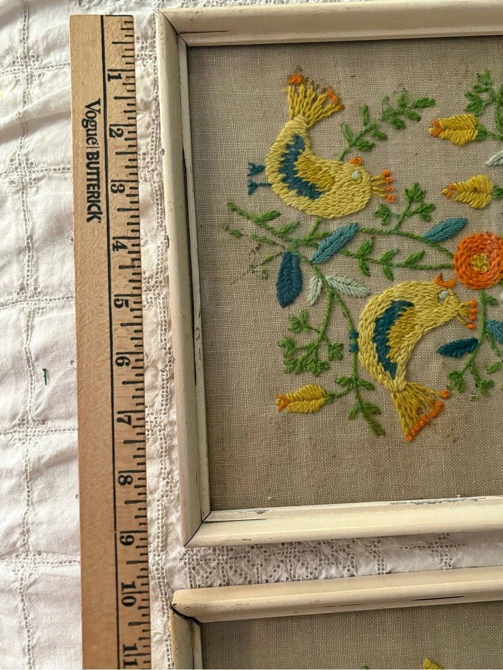 Vintage 70s Hand-Embroidered Yellow Bird Wall Art Pair Folk Art